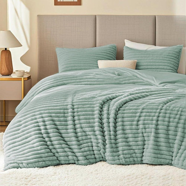 EXQ Home Fluffy Comforter Set Queen Size Super Soft Faux Fur Stripe Jacquard Comforter 3 Pieces, Sage Green Fleece Bedding Set,Winter Warm Bed Set,1 Comforter with 2 Pillowcases