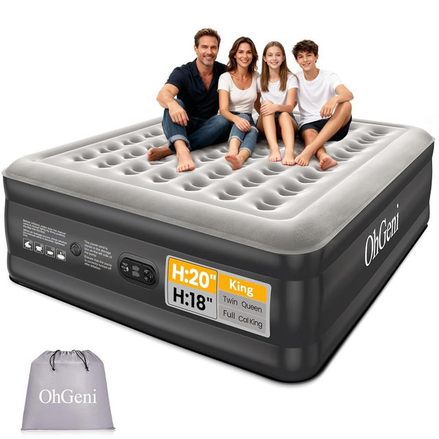 OhGeni 20" Raised King Air Mattress with Built in Pump, Luxury Real Bed Height Blow up Mattress, 3-4 Persons Inflatable Mattress for Guests & Family Party, Ideal for Elder People, 700lbs