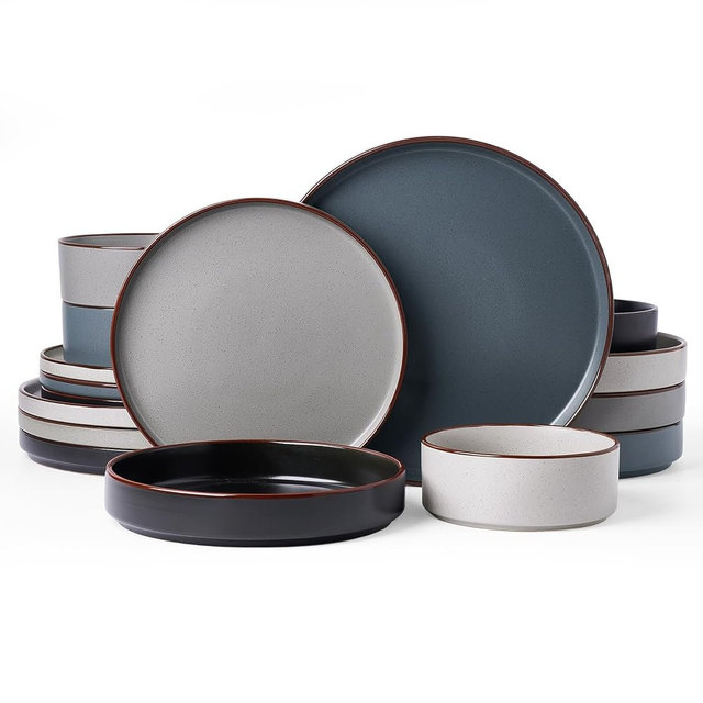 Famiware Nebula Ridge Stoneware Dinnerware Sets with Pasta Bowls, Plates and Bowls Sets, Service for 4 (16 Pieces), Microwave and Dishwasher Safe Kitchen Plates, Multi-color
