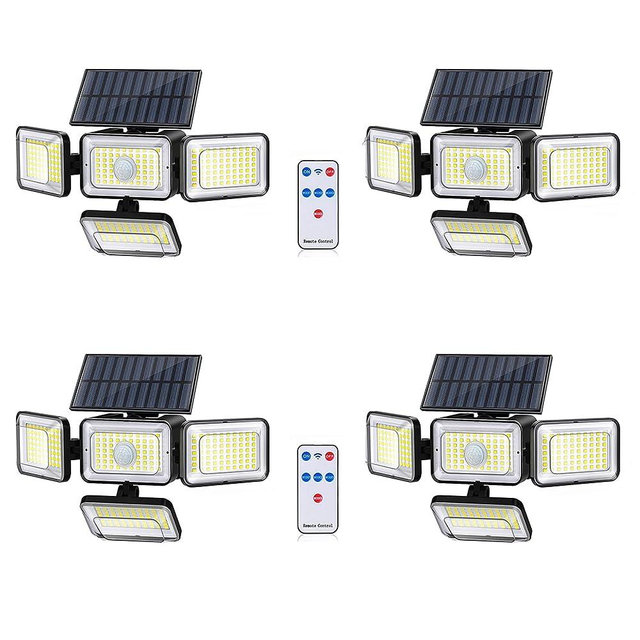 Mokot Solar Lights for Outside, 288 LED IP65 Waterproof Solar Motion Sensor Outdoor Lights with Remote Control, 4 Heads Solar Flood Street Lights for Outside Garden Patio Wall - 4Pack