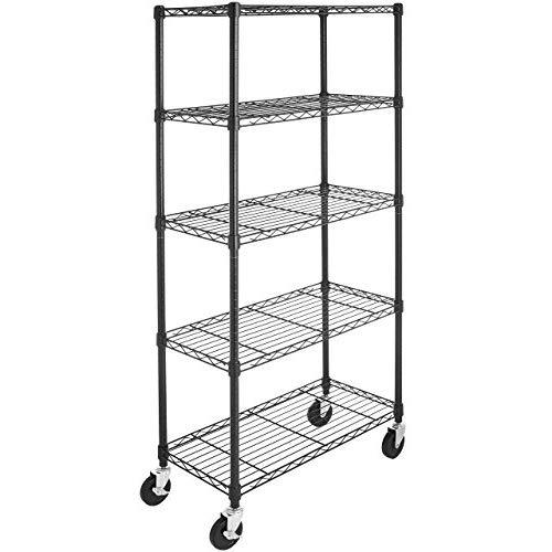 AmazonBasics 5-Shelf Shelving Storage Unit on 4'' Wheel Casters, Metal Organizer Wire Rack, Black (30L x 14W x 64.75H)