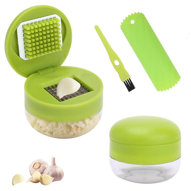 Foyucool 2 Pcs Garlic Press Set, Stainless Steel Garlics Crusher with Silicone Peeler and Cleaner Brush, Easy to Use Garlic Chopper for Shredded Garlic, Ginger and Fruit