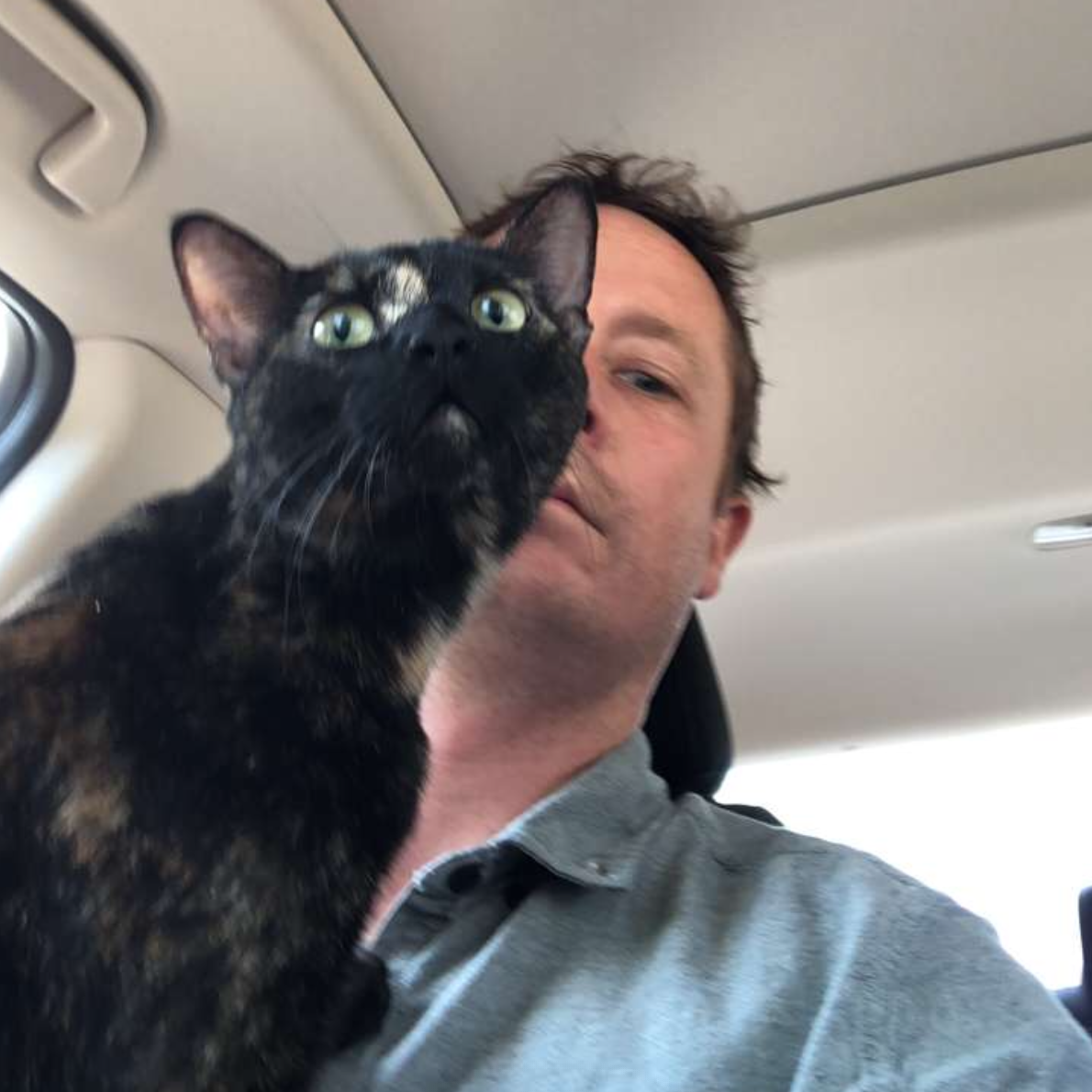 June taking the wheel after a visit to the vet.