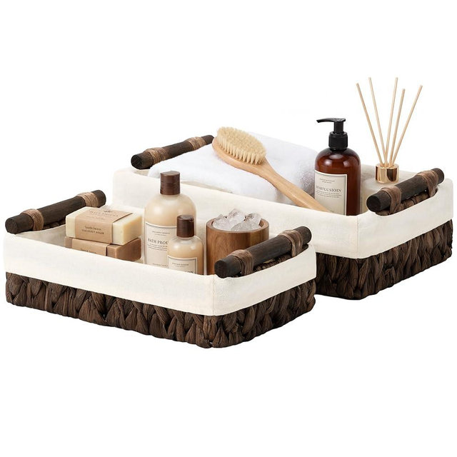 StorageWorks Small Baskets for Organizing with Wooden Handles and Liner, Wicker Toilet Paper Baskets for Back of Toilet Basket, Brown Water Hyacinth Bathroom Basket Organizer and Storage, 2 Pack