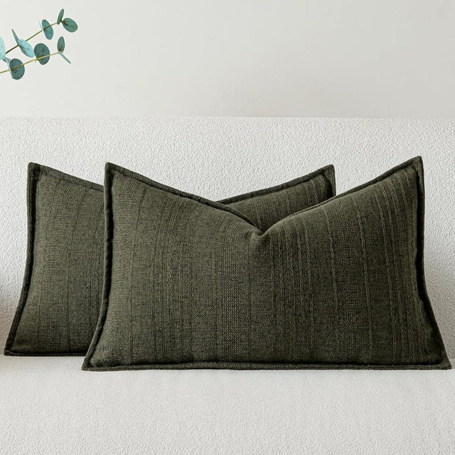 a moment Linen Pillow Covers Set of 2,Boho Farmhouse Throw Pillowcases Neutral Textured Decorative Covers for Couch Sofa Bed, Soft Linen Blend Accent Case Cushion Home Decor 20"x12"Dark Green