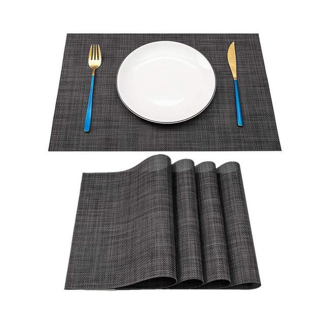 Uwoll Placemats Set of 4 for PVC Dining Table Woven Vinyl Non-Slip Washable Cloth Heat Resistant Place Mats for Farmhouse Kitchen Decor Insulation Square Plate Mat (Black)