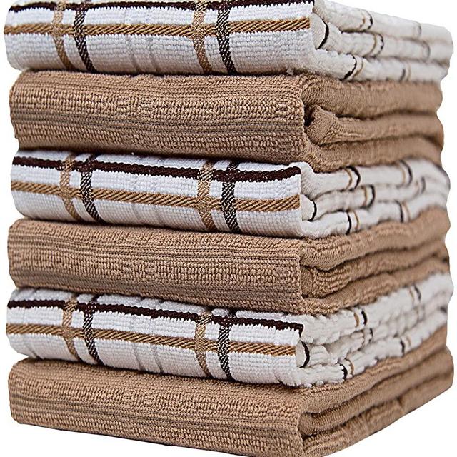 Premium Kitchen Towels (16”x 26”, 6 Pack) – Large Cotton Kitchen Hand Towels – Window Pane Design – 400 GSM Highly Absorbent Tea Towels Set with Hanging Loop – Tan