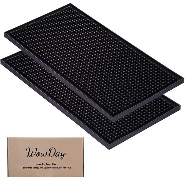 Bar Mat for Cocktail and Coffee Bar 12" x 6" Rubber Bar Service Spill Mat for Cocktail Bartender Set of 2 Coffee Bar or Countertop Mats Glass Drying Mat (BLACK, 12" x 6" x0.4")
