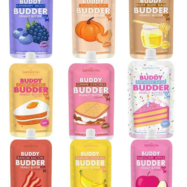 BUDDY BUDDER Dog Peanut Butter, 9 Pack Mixed Flavors, 4oz Pouches Dog Peanut Butter, Made in USA