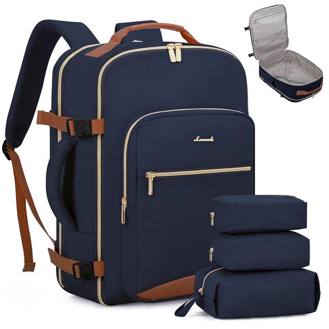 LOVEVOOK Carry on Backpck for Men, 50L Travel Backpack Flight Approved with 3 Packing Cubes, Personal Item Backpack with 18 Inch Laptop Compartment for Hiking Sport Daypack, Dark blue-Brown