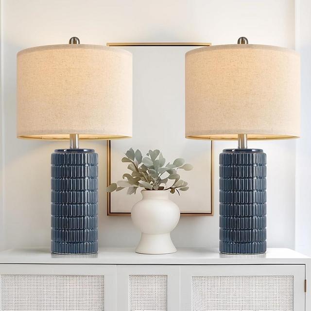 PoKat 23" Blue Table Lamp, Farmhouse Bedside Lamps for Bedroom Set of 2, Ceramic End Table Lamps for Living Room, Traditional Nightstand Desk Lamps, Medium