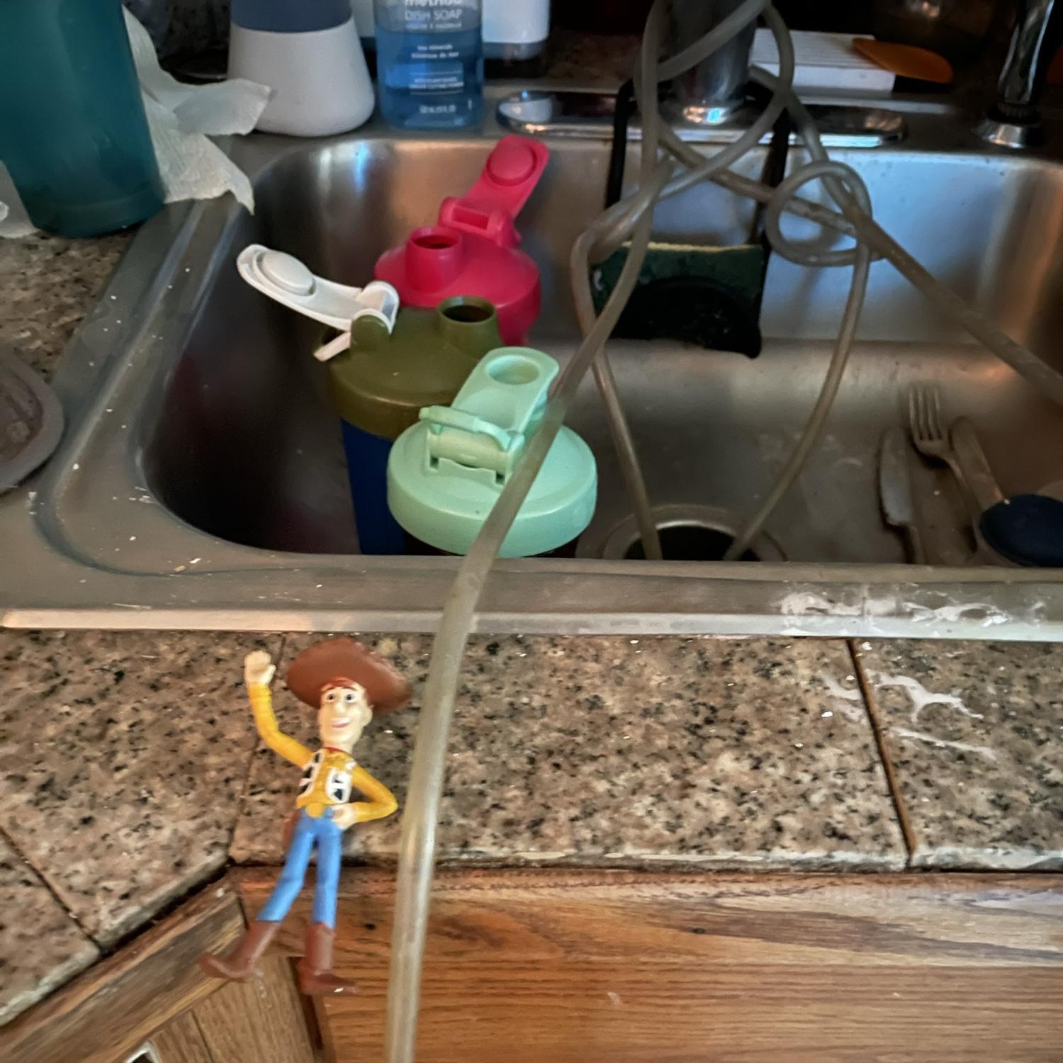 We had the entire Disney 50th Anniversary Happy Meal collection on top of our cabinets. Woody jumped down to check out the scene. The clear water lines are dehumidifiers drain lines.