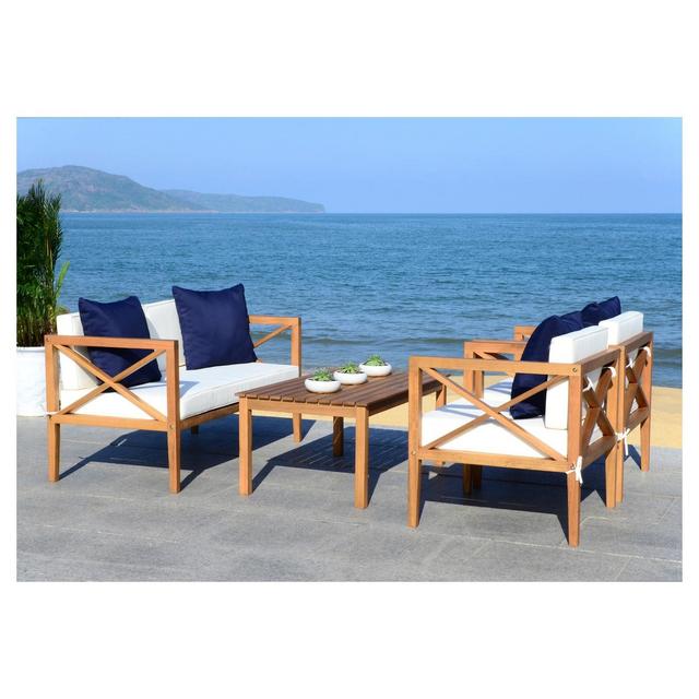Montez 4pc Wood Patio Seating Set - Teak/Navy - Safavieh