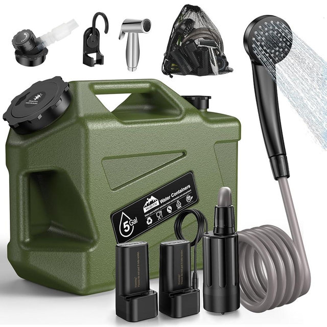Widitn Portable Camping Shower with Water Jug, Electric Rechargeable Camping Shower, 5-Gallon Food Grade Water Containers, Outdoor Camp Pump Water Storage Kit for Hiking Beach, Travel, Pet Bath
