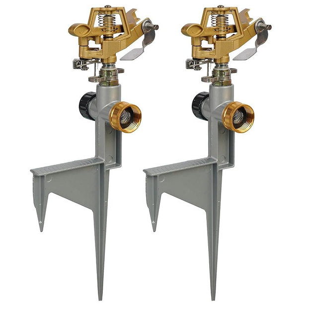 LIULO TOOL 2 Pack Zinc Alloy Impact Sprinklers for Yard, Pulsating Water Sprinkler Head on Spike Base, Adjustable Water Sprinklers for Large Area Patio Lawn Garden Irrigation