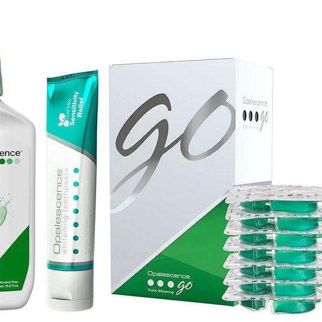 Opalescence Go Teeth Whitening Kit 15% Hydrogen Peroxide 7 Treatments with Sensitive Toothpaste 4.7 oz and 1 oz Travel Size Plus Alcohol Free Mouthwash and Toothbrush -5167-5447-6288T