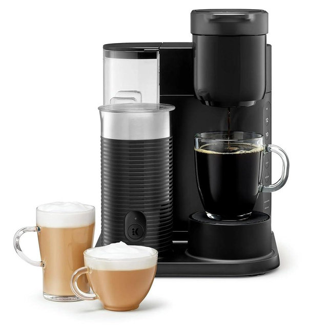 Keeurig K-Café Single Serve Coffee Maker, Built-In Milk Frother, Latte & Cappuccino Brewer, Espresso Shot, 3 Brew Sizes, 42 oz Water Reservoir, Travel Mug Friendly, Auto-Off, Black, Compact Design