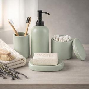 Ceramic Bathroom Accessories Set 4 Pcs – Modern Scandinavian Neutral Bathroom Soap Dispenser Set with Toothbrush Holder, Soap Dish & Cup – Minimalist Bathroom Accessory Set Decor - Sage Green