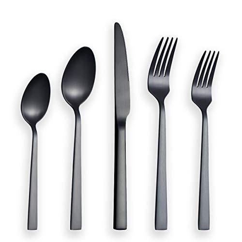Berglander Flatware Set 20 Pieces With Black Titanium Plated, Stainless Steel Black Silverware Set, Black Cutlery Set, Service For 4 (Matte Black)