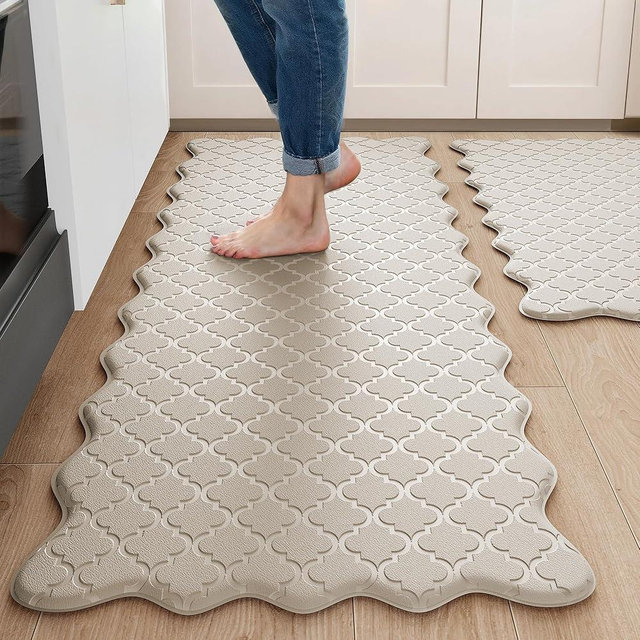 Arenarug Upgrade Scalloped Embossed Kitchen Mats for Floor 2PCS Cushioned Anti Fatigue Waterproof Foam Kitchen Rugs Non Slip Washable Comfort Standing Mat for Sink Laundry,17.3"x30"+17.3"x47",Khaki