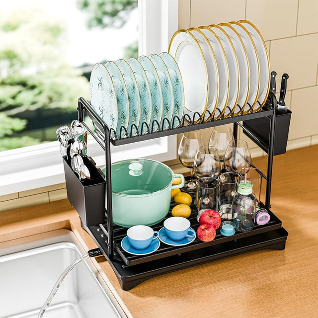 Simple Trending Dish Drying Rack for Kitchen Counter, 2-Tier Large Capacity Kitchen Organizers and Storage Rack with Cutlery Holder, Black