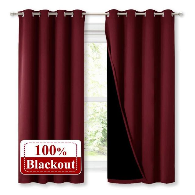 NICETOWN 100% Blackout Curtain Panels, Thermal Insulated Curtains, Noise Reducing Drapes for Window Decor (Set of 2, Burgundy Red, 52 inches Wide by 63 inches Long)