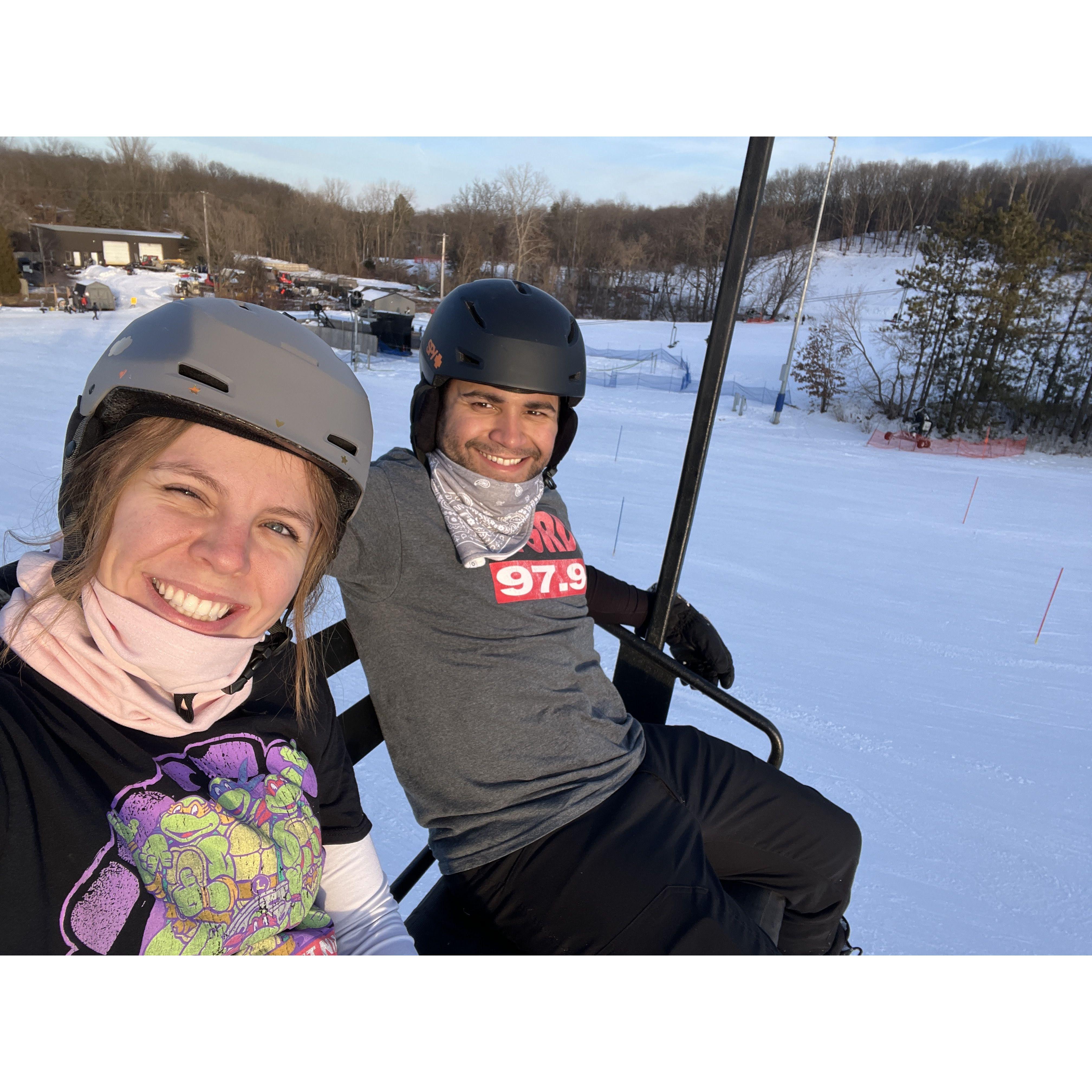 Keegan's first time snowboarding and Brianne teaching him.