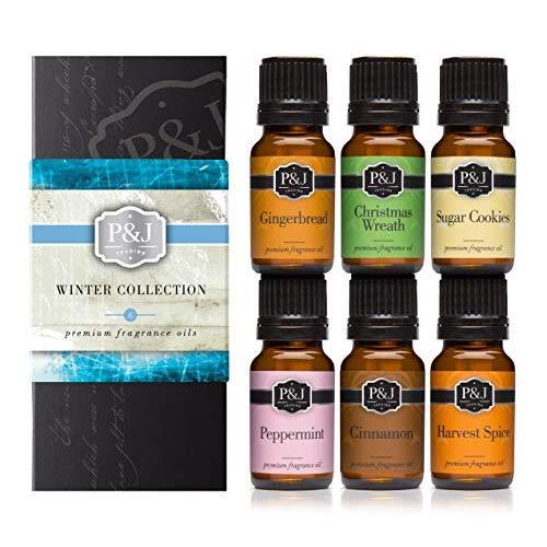 Winter Set of 6 Premium Grade Fragrance Oils - Cinnamon, Gingerbread, Sugar Cookies, Harvest Spice, Peppermint, Christmas Wreath - 10ml