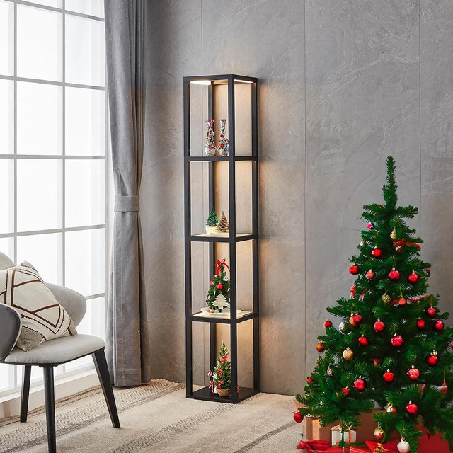 FENLO Fantasy - 66" Glass Corner Floor Lamp with Shelves, Luxury Display Shelf with Lights, Glass Shelf Floor Lamp for Bedroom, Full Spectrum LED Brightness, Remote Control Included, Black