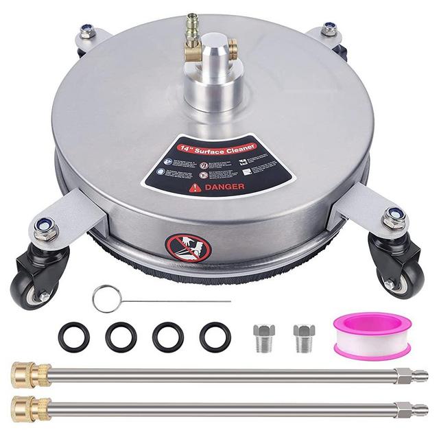 Biswing 14" Pressure Washer Surface Cleaner with 4 Wheels, Stainless Steel Power Washer Accessory for Driveways Sidewalks Patios Cleaning, 1/4" Quick Connector, 2 Extension Wand Attachments, 4000 PSI