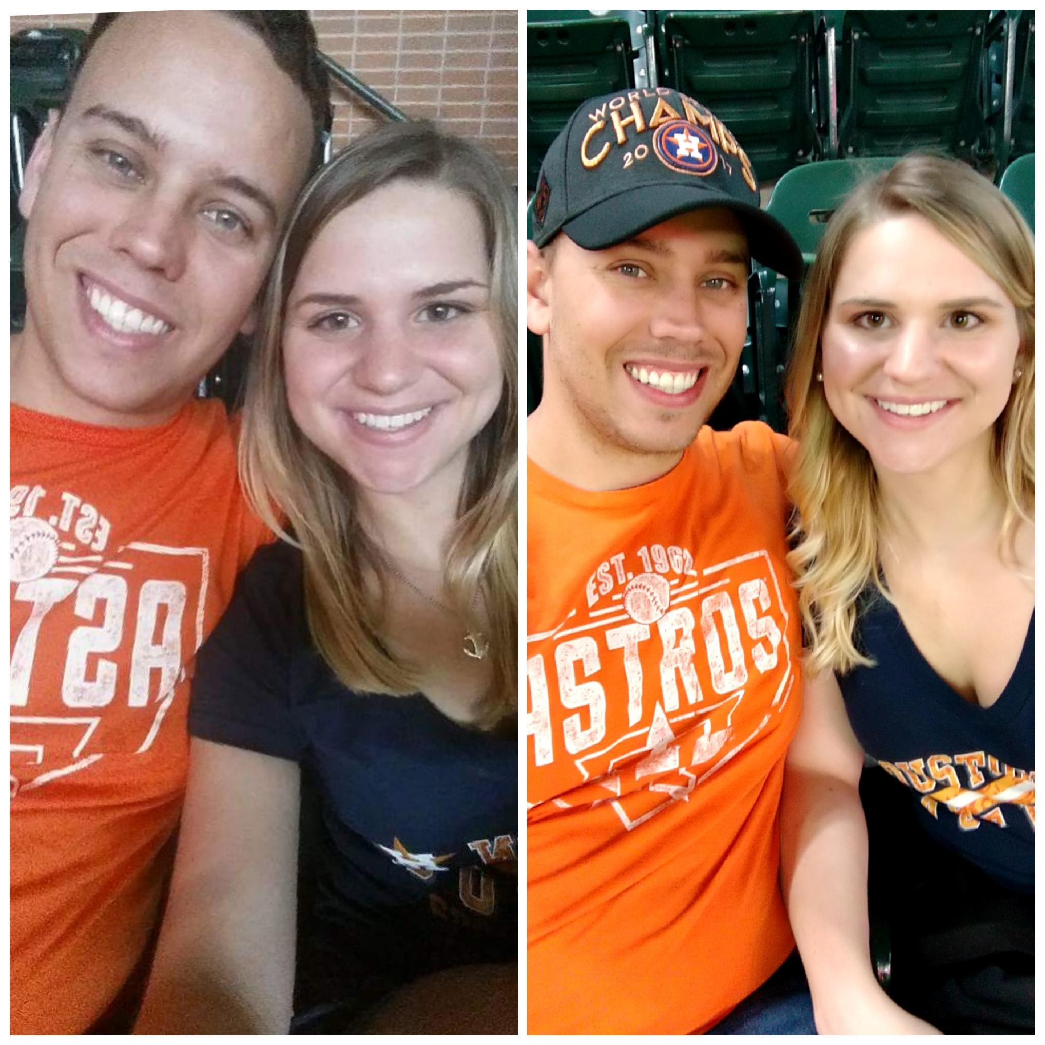 The left is one of our first dates at the Astros baseball game, and then right is us at a game 2 years later!