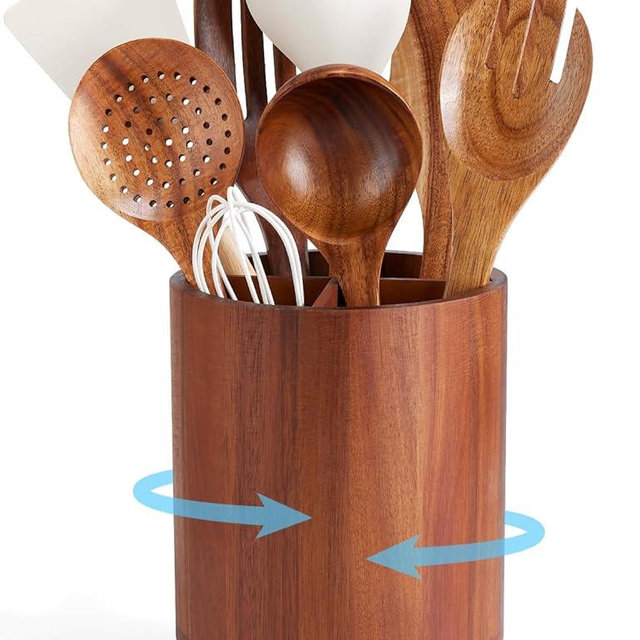 Yangbaga 360° Rotating Utensil Holder, Acacia Wooden Utensil Holder, 7.2" Large Wood Kitchen Utensil Holder for Kitchen Counter, Farmhouse Kitchen Decor