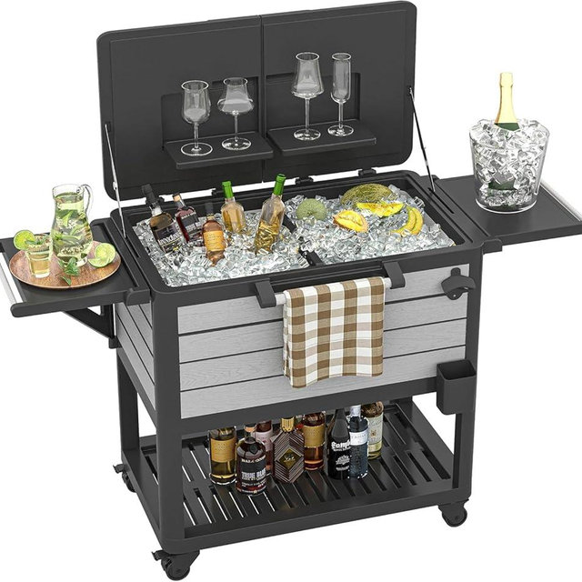 Patio Cooler Cart with Wheels, 104 Qt Portable Rolling Ice Chest, Outdoor Beverage Bar Cart with Handles for Pool, Deck, BBQ, Cookouts Party-Grey