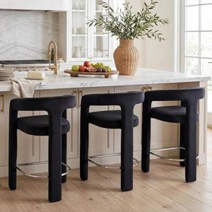 HNY 26 Inch Modern Tall Barrel Bar Stools Set of 3, Velvet Upholstered Barstools with Open Backs, Counter Height Bar Stools Chairs with Armrest for Kitchen Island, Black