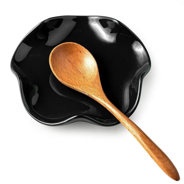 Black Spoon Rest for Kitchen Counter, 5.3" Ceramic Spoon Holder for Stove Top, Cute Spoon Rest Spatula Holder for Multiple Utensils, Farmhouse Black Kitchen Decor