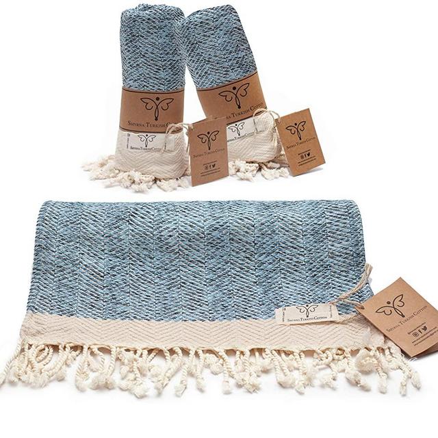Smyrna Original Turkish Hand Towels Herringbone Series Set of 2 | 100% Cotton, 16 x 40 Inches | Decorative Bathroom Peshtemal Towel for Hand, Face, Hair, Gym, Yoga, Tea, Kitchen and Bath (Light Blue)