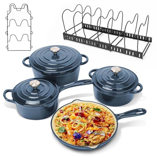 Uniflasy Enameled Cast Iron Cookware Set, 9-Piece Set Nonstick Ceramic Dutch Oven Stove Pots, Skillet, Pans, Lids, Storage Rack and Lid Holder, Heavy Duty, Oven Safe Compatible with All Stovetop, Navy