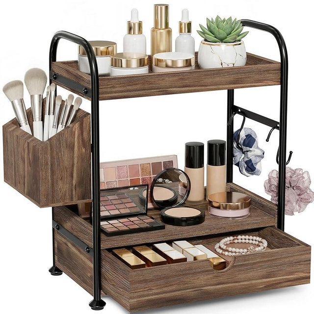 Kottwca 2-Tier Bathroom Counter Organizer with Drawer, Wooden Vanity Skincare Storage Shelf with Thickened Metal Frame, Countertop Shelf with Basket & Hooks for Makeup Organization,Dark Brown