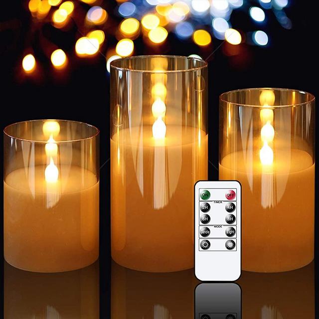 GenSwin Gold Glass Battery Operated Flameless Led Candles with 10-Key Remote and Timer, Real Wax Candles Warm White Flickering Light for Home Decoration(Set of 3)