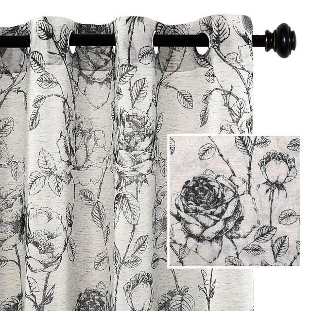 H.VERSAILTEX Boho Floral Linen Curtains, Semi Sheer Light Filtering Curtains, Drapes 63 Inch Length 2 Panels Set, Grommet Top Farmhouse Vintage Curtain, Print Pattern Treatments for Bedroom, Black