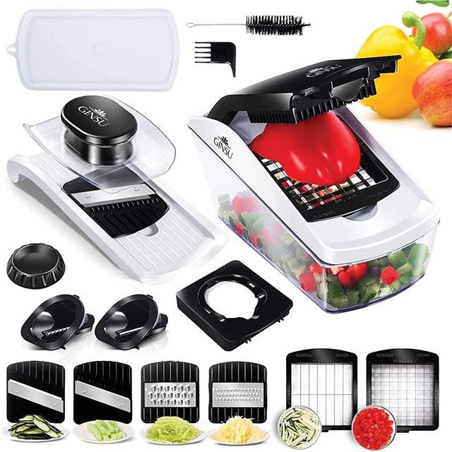 GINSU Chop 'N Spiral Slicer Pro, 12-Piece Kitchen Gadget, Mandoline Slicer, Dicer, Grater & Food Chopper, 8 Stainless Steel Interchangeable Blades, 1.2L Food Container, Non-Slip Base & Safety Holder
