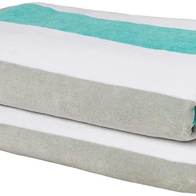 Amazon Basics Oversized Premium Cotton Beach Towel - Pop Stripe - Turquoise/Gray, 36" x 72", 2-Pack