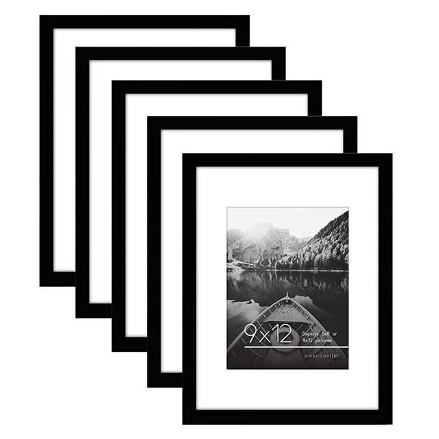 Americanflat 9x12 Picture Frame in Black - Set of 5 Frames - Displays 6x8 With Mat and 9x12 Without Mat - with Plexiglass Cover, Sawtooth Hanging Hardware For Horizontal or Vertical Display