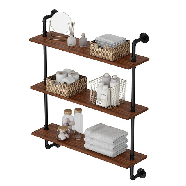 XWNE 3-Tier Industrial Pipe Floating Shelf – Rustic 24 inch Wood Wall-Mounted Storage Shelf for Kitchen Office,Bathroom & Home Decor -Walnut