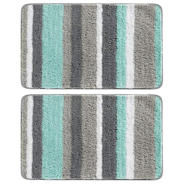 mDesign Soft Microfiber Polyester Non-Slip Spa Mat, Plush Water Absorbent Accent Rug for Bathroom Vanity, Bathtub/Shower - Machine Washable, Striped Design, 34" x 21" - 2 Pack - Mint Green/Gray