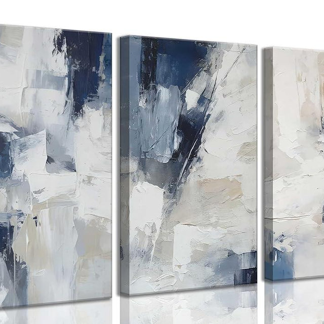 3pcs Navy Blue Abstract Canvas Wall Art Modern Minimalist Neutral Blue White Painting Picture Wall Decor Posters Prints Artworks for Living Room Bedroom Office Home Decoration