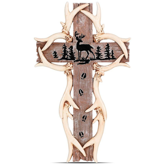 Bucherry Rustic Woodland Theme Deer Antler Wall Hanging Cross Realistic Christmas Deer Antlers decor Wood-Look cabin wall Decoration Religious Cross Gift for Hunter Cabin Home Decoration