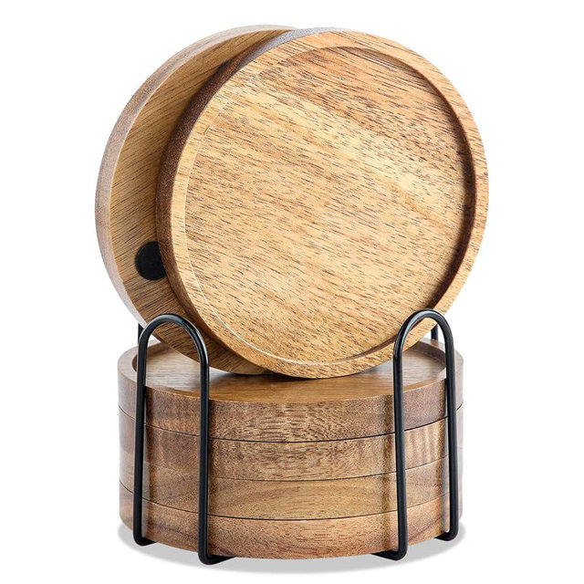 WLWNWFT Acacia Wood Coasters for Drinks with Lip 4.33in, Round Drink Coaster with Holder for Coffee Dining Table Wooden Table Coasters for Farmhouse Desk, Set of 6