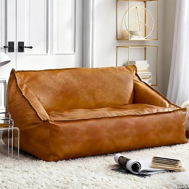 SXBCyan Bean Bag Chair Cover (No Filler) 2-seat PU Leather Without Filler Beanbag Couch Waterproof Sofa Bed Soft Luxury Lounger Pouf Sac Floor Seating Home Furniture Loveseat(Brown)