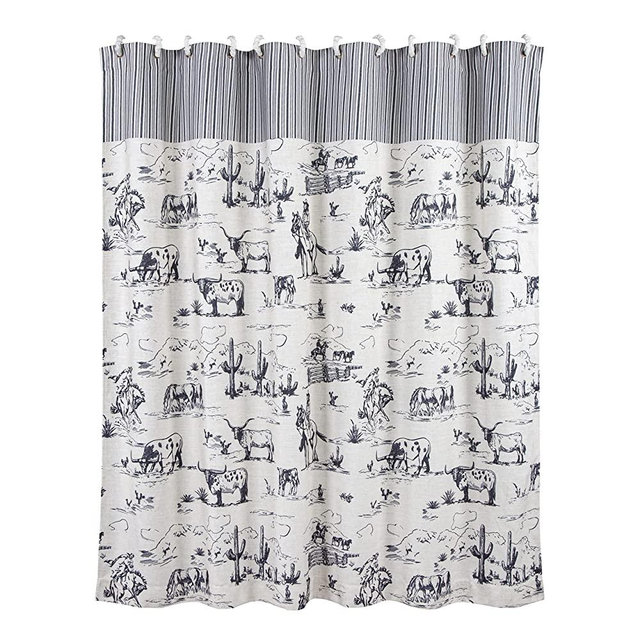 H HIEND ACCENTS Paseo Road | Ranch Life Bathroom Fabric Shower Curtain with 12 Hooks, 72x72 inch, Black and White Cowboy Cow Longhorn Horse Print, Western Style